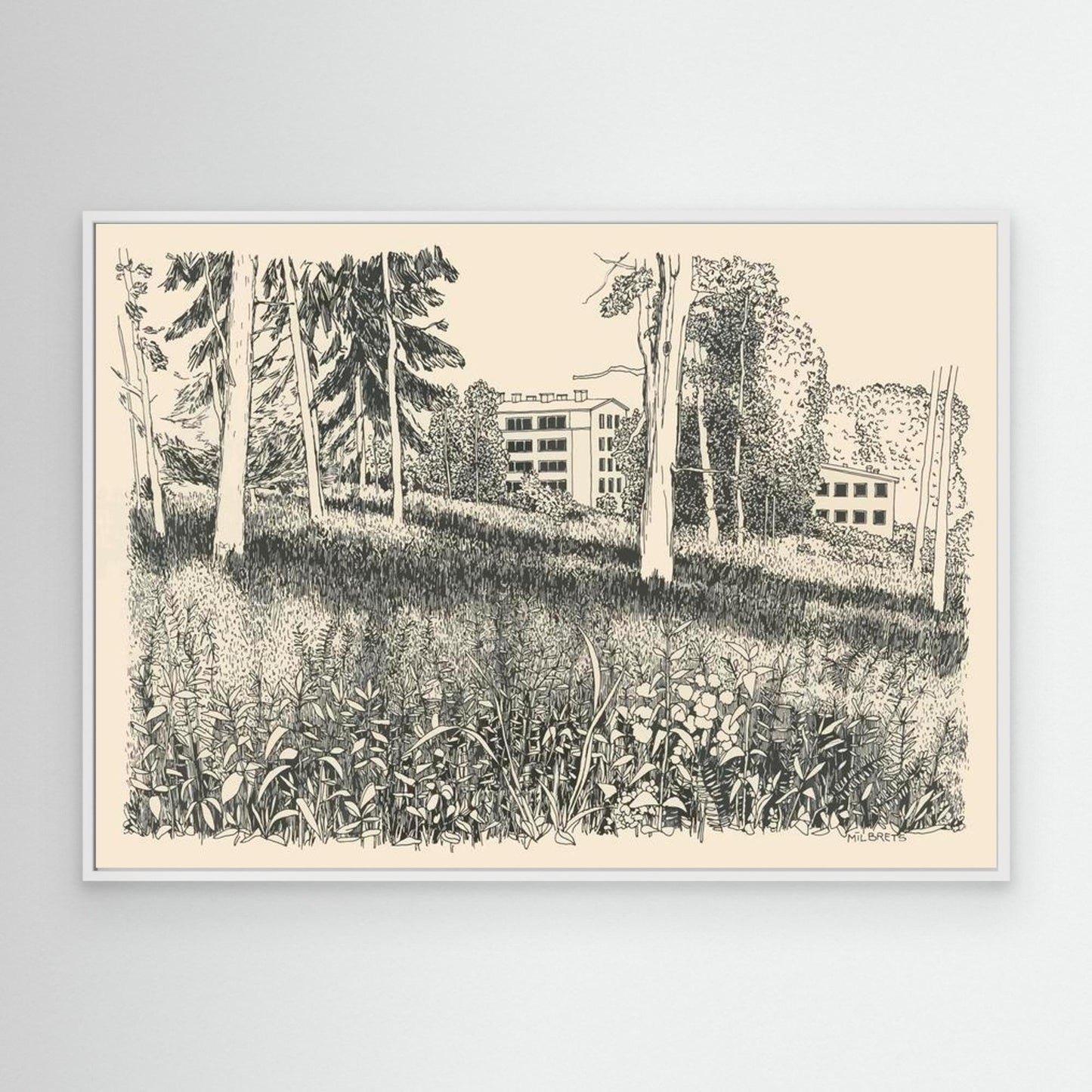 Black and White Forest Landscape Wall Art Nature Line Drawing Canvas Print Framed Botanical Woodland Illustration Nordic Wall Decor Drawing