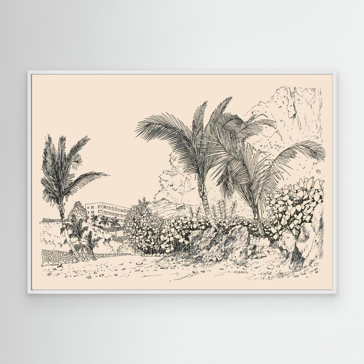 Framed Tropical Landscape Line Art Neutral Wall Art Print Boho Palm Tree Drawing Modern Minimalist Decor Large Canvas Wall Art Tenerife