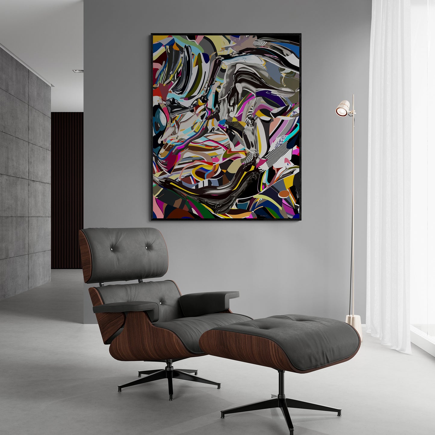 Modern interior with a colorful abstract painting and a gray lounge chair.
