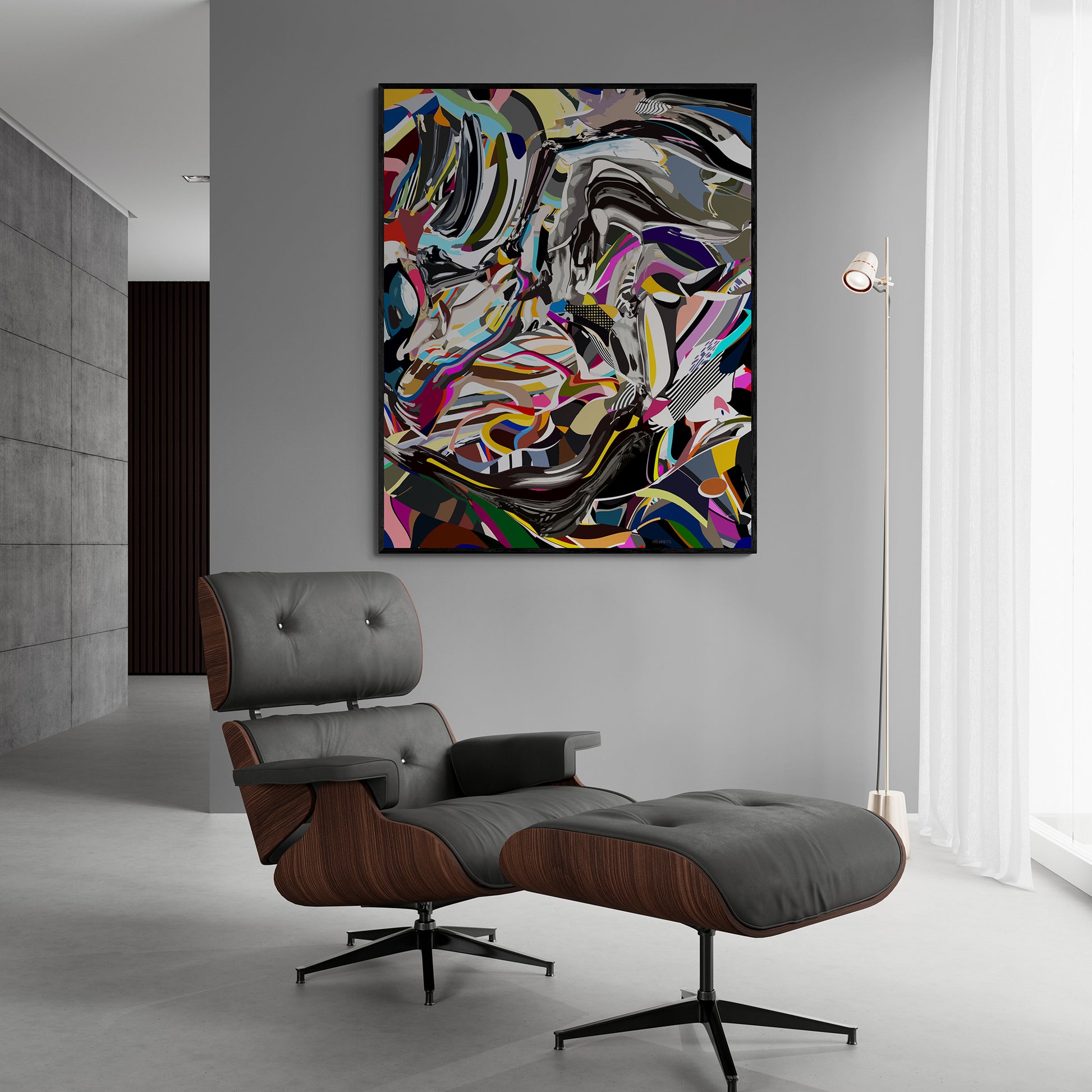 Modern interior with a colorful abstract painting and a gray lounge chair.