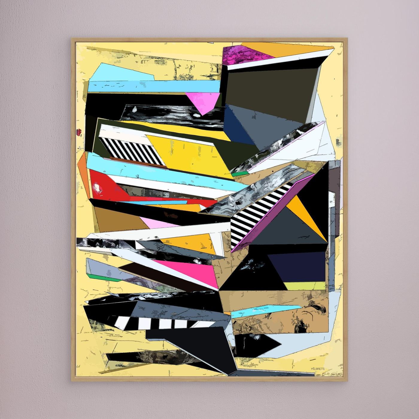 Modern geometric abstract wall art canvas featuring vibrant magenta, blue, and black accents over a warm yellow background and wooden frame