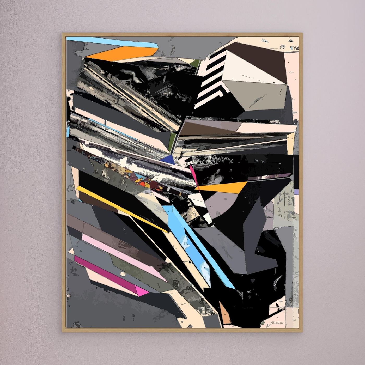 Dynamic urban geometric abstract canvas art featuring bold black, gray, bright blue, and pink angular shapes