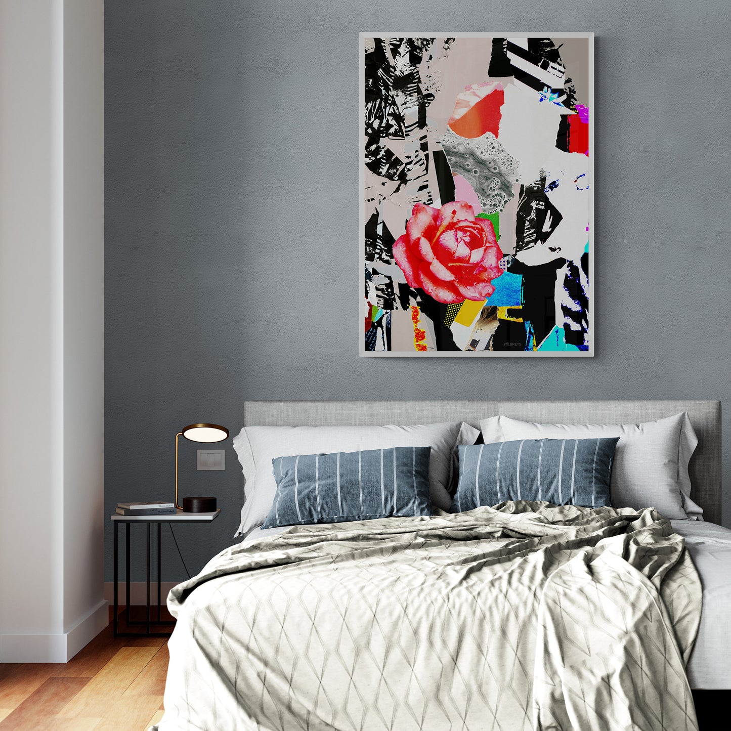 Bedroom with abstract art featuring a pink rose on the wall