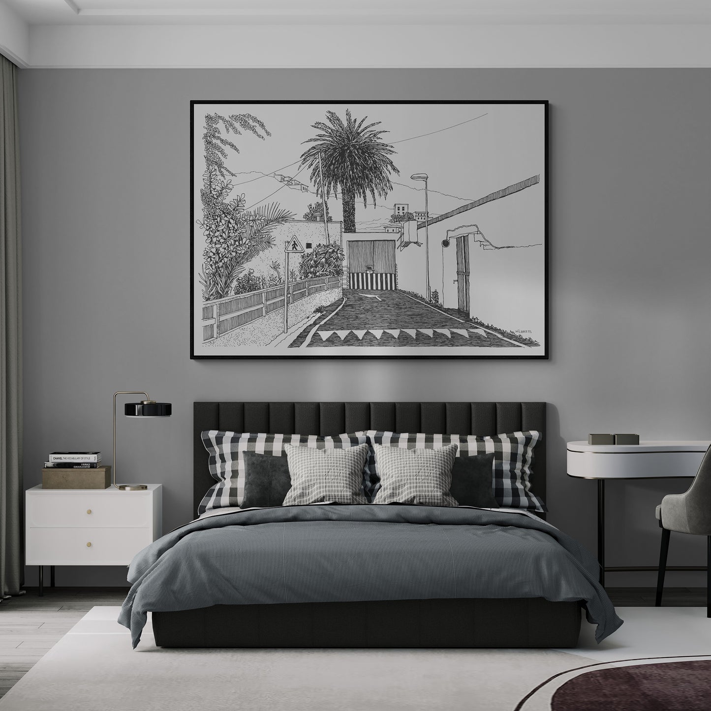Modern bedroom with a bed, nightstands, and  tropical wall art.