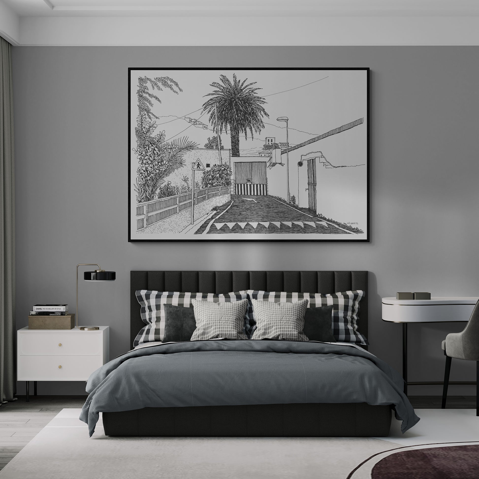 Modern bedroom with a bed, nightstands, and  tropical wall art.
