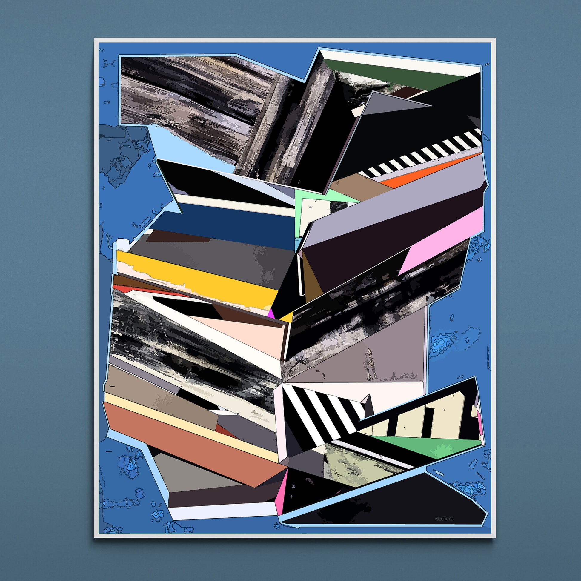 A framed abstract collage art print featuring layered geometric shapes, textures, and blocks of color including black, white, gray, blue, pink, yellow, and brown, displayed against a slate blue background.