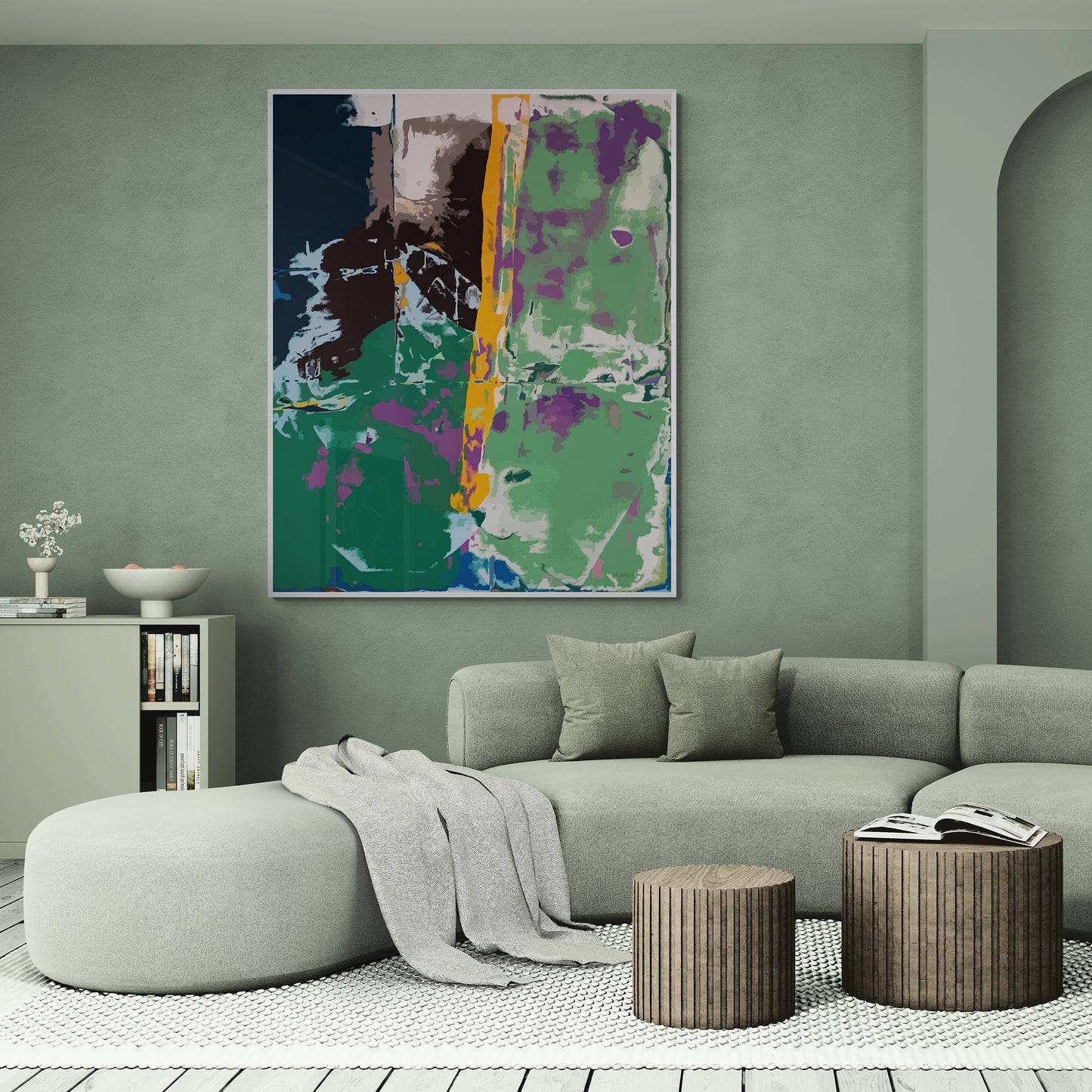Modern living room with a gray sofa, abstract painting, and wooden coffee tables.