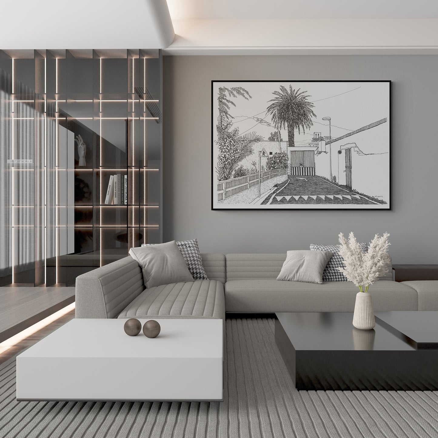 Modern living room with a sectional sofa, coffee table and tropical wall art.