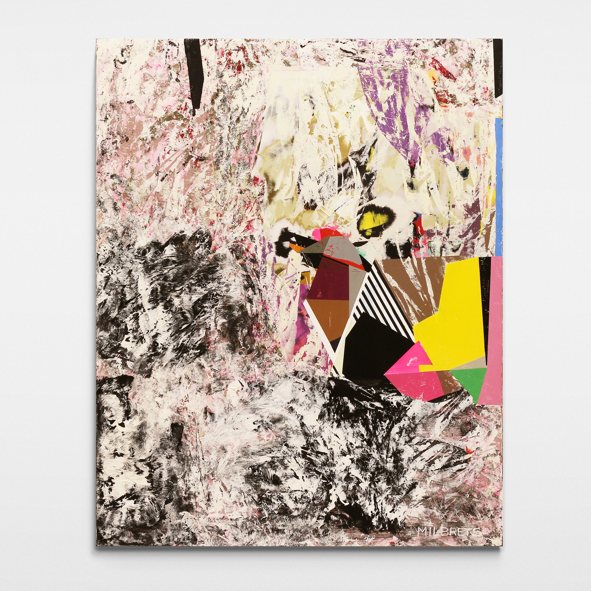 Original multicolor geometric abstract painting with textured black and white background and yellow, magenta, violet, brown, and striped geometric forms by Milbrets