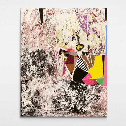 Original multicolor geometric abstract painting with textured black and white background and yellow, magenta, violet, brown, and striped geometric forms by Milbrets