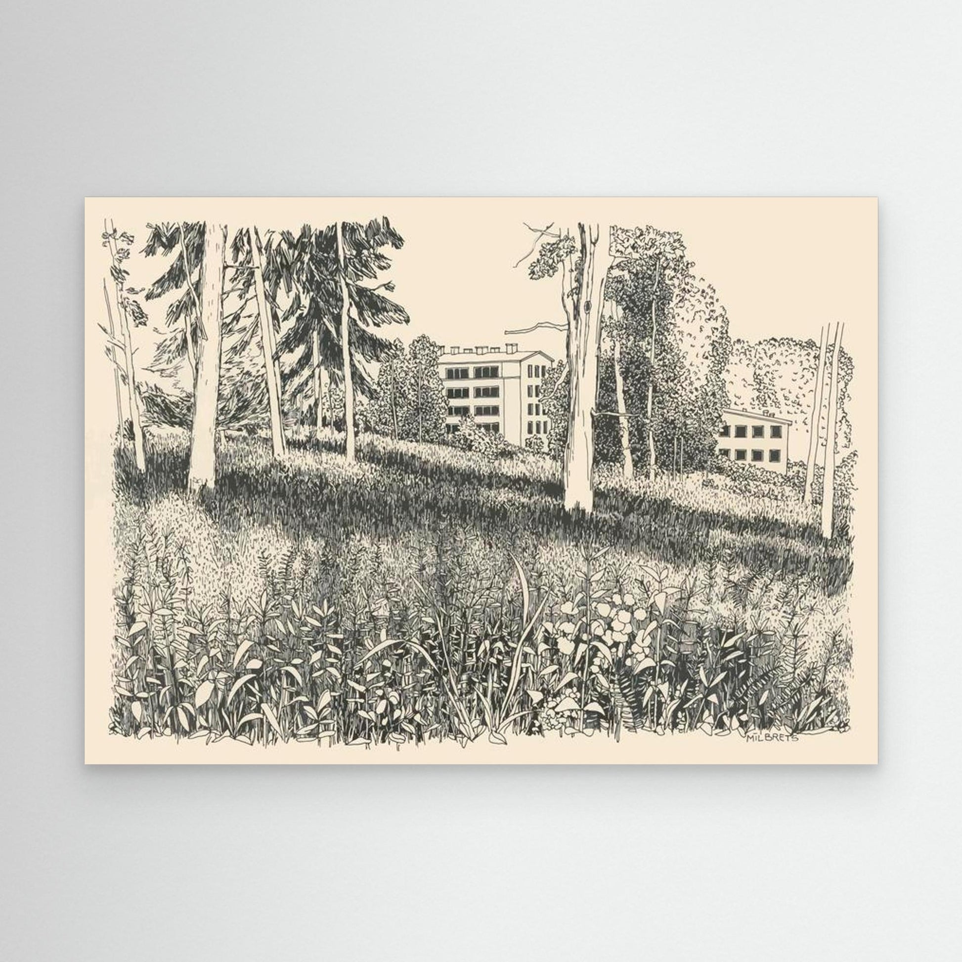 Black and White Forest Landscape Wall Art Nature Line Drawing Canvas Print Framed Botanical Woodland Illustration Nordic Wall Decor Drawing