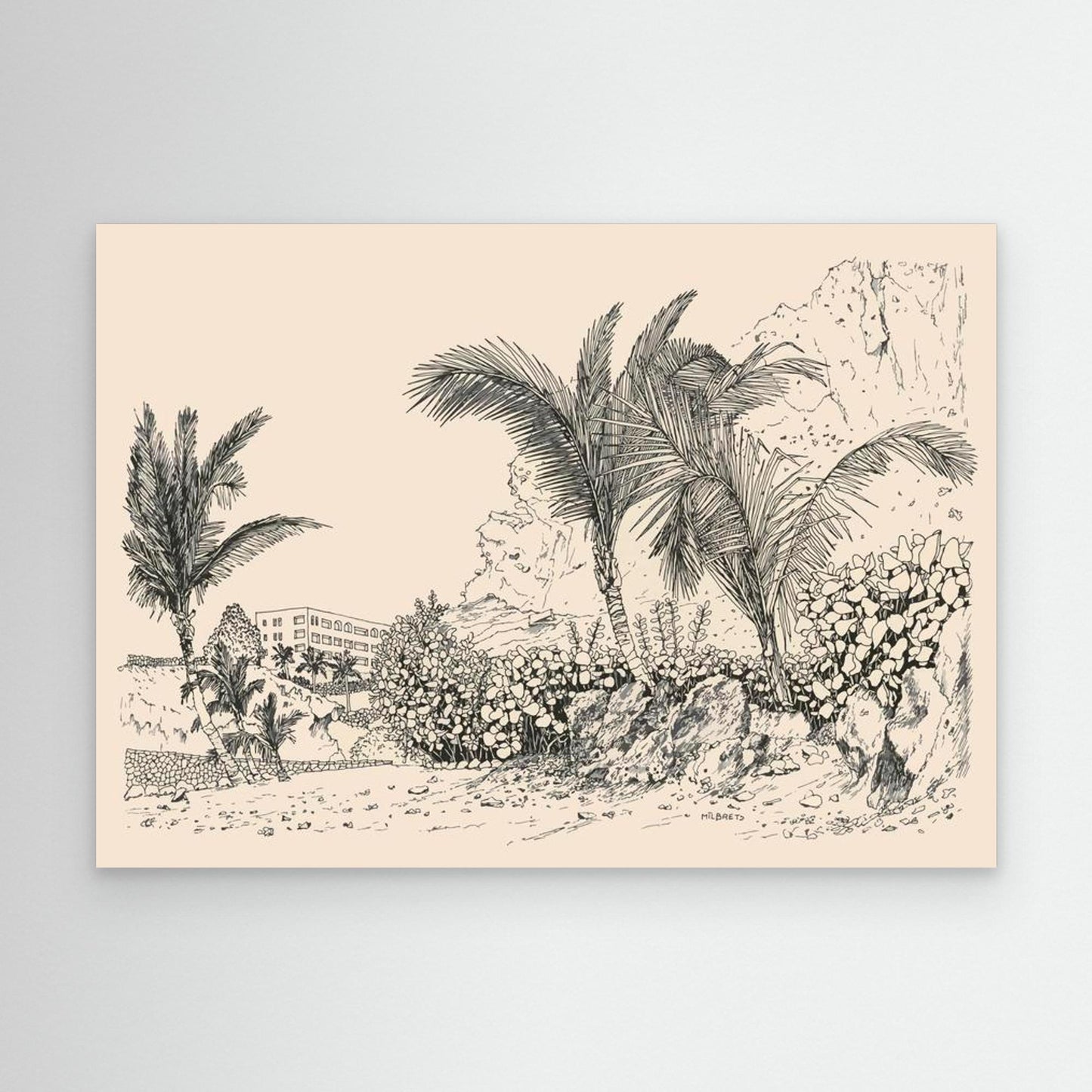 Framed Tropical Landscape Line Art Neutral Wall Art Print Boho Palm Tree Drawing Modern Minimalist Decor Large Canvas Wall Art Tenerife