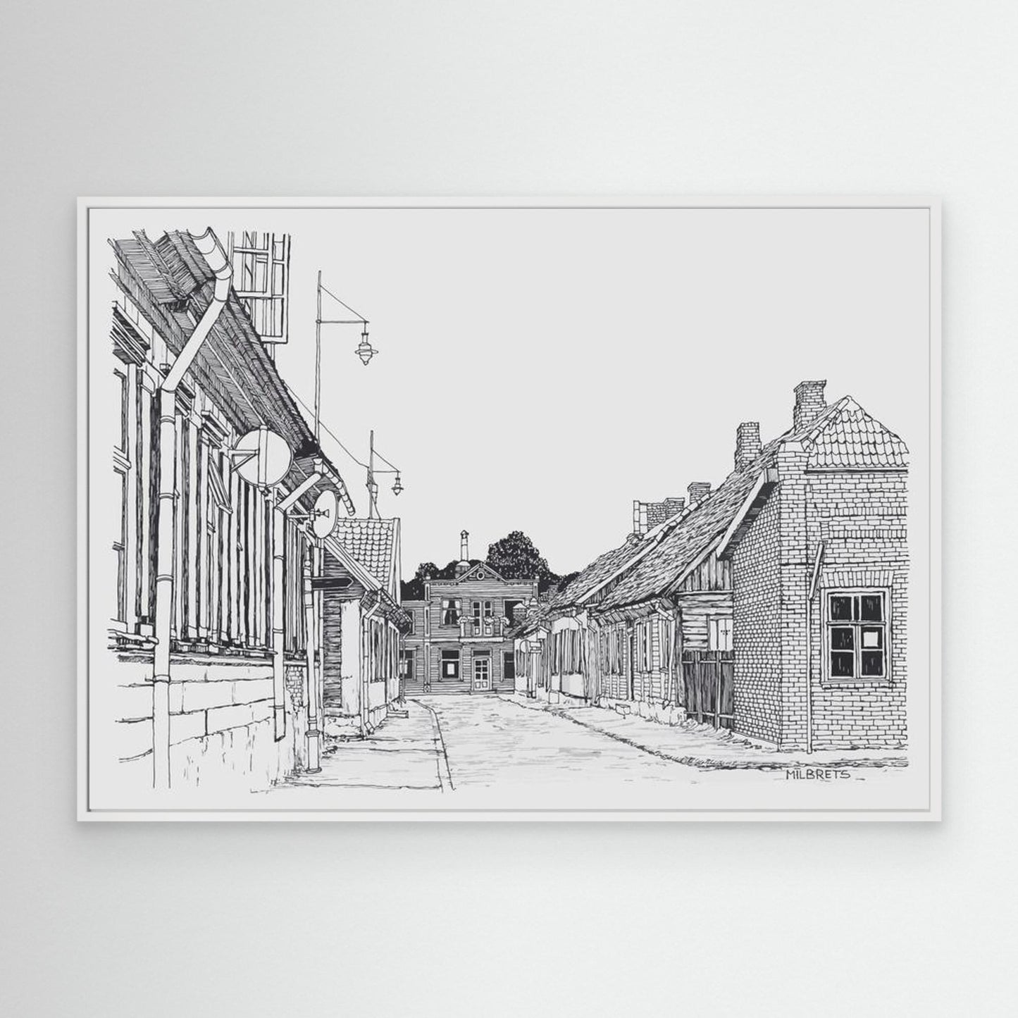 Vintage European Street Sketch Canvas Print Black and White Architecture Wall Art Scandinavian Minimalist Decor Historic Town Drawing