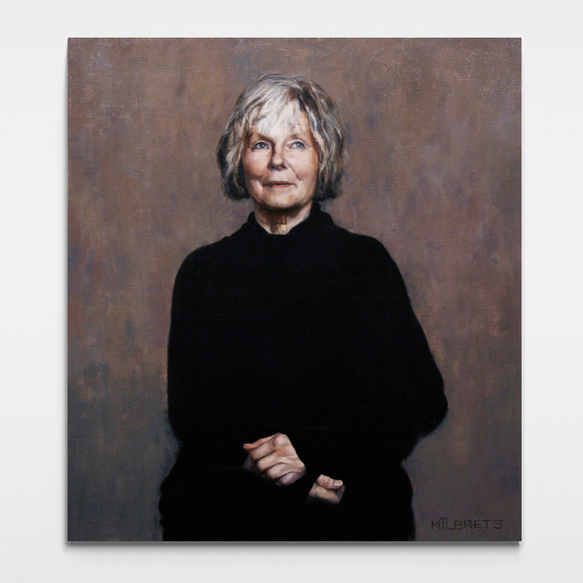 Original figurative portrait painting of a mature woman with dark high-collared clothing, gently clasped hands, and an upward gaze against a muted textured neutral background.