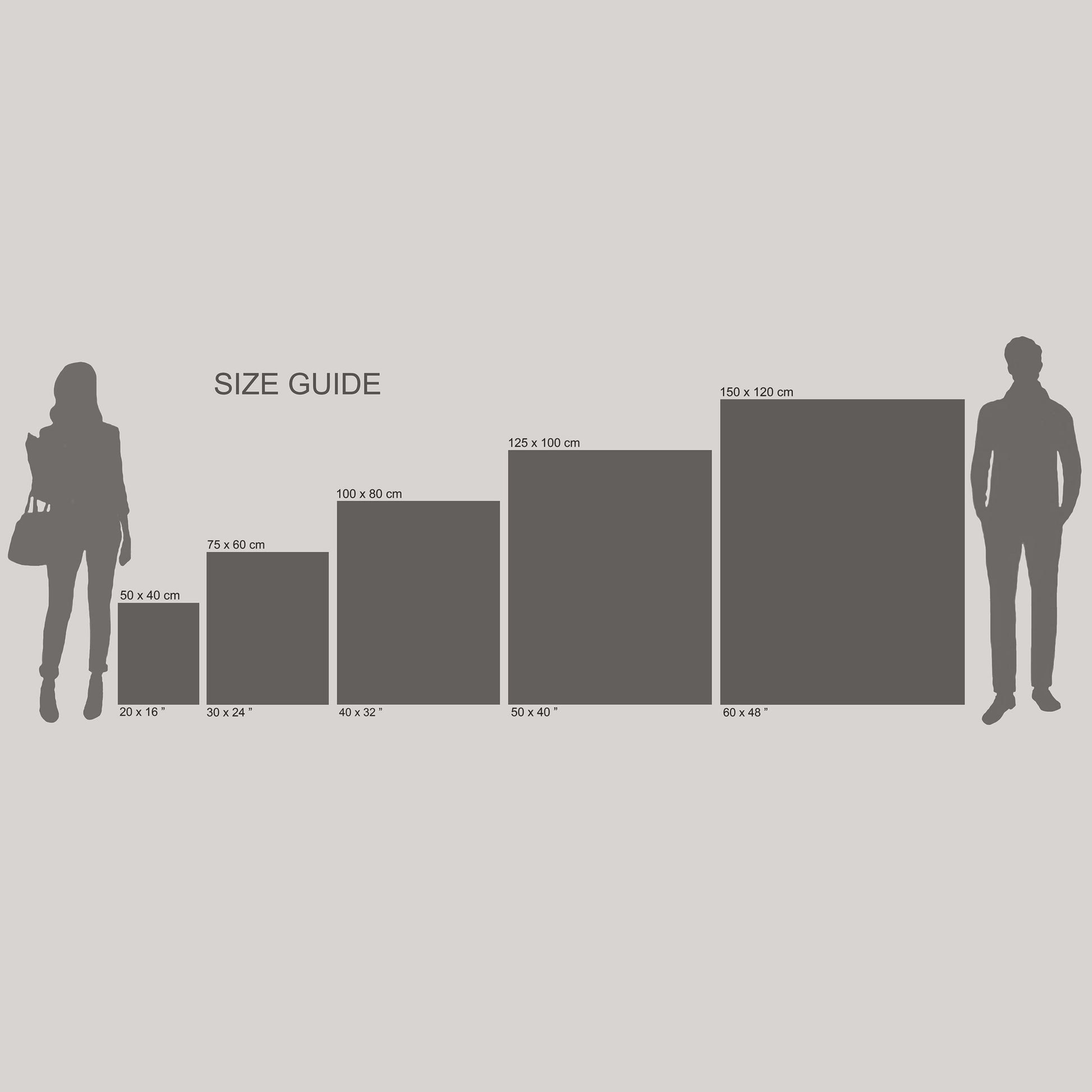 Size guide showing dimensions of prints with silhouette illustrations of a person and a dog.