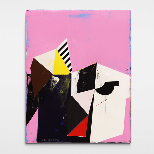 Abstract original artwork with geometric shapes on a pink background