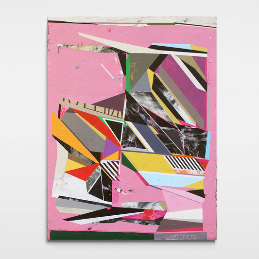 Pink and black abstract acrylic painting with geometric forms, gold accents, and layered textures by Milbrets