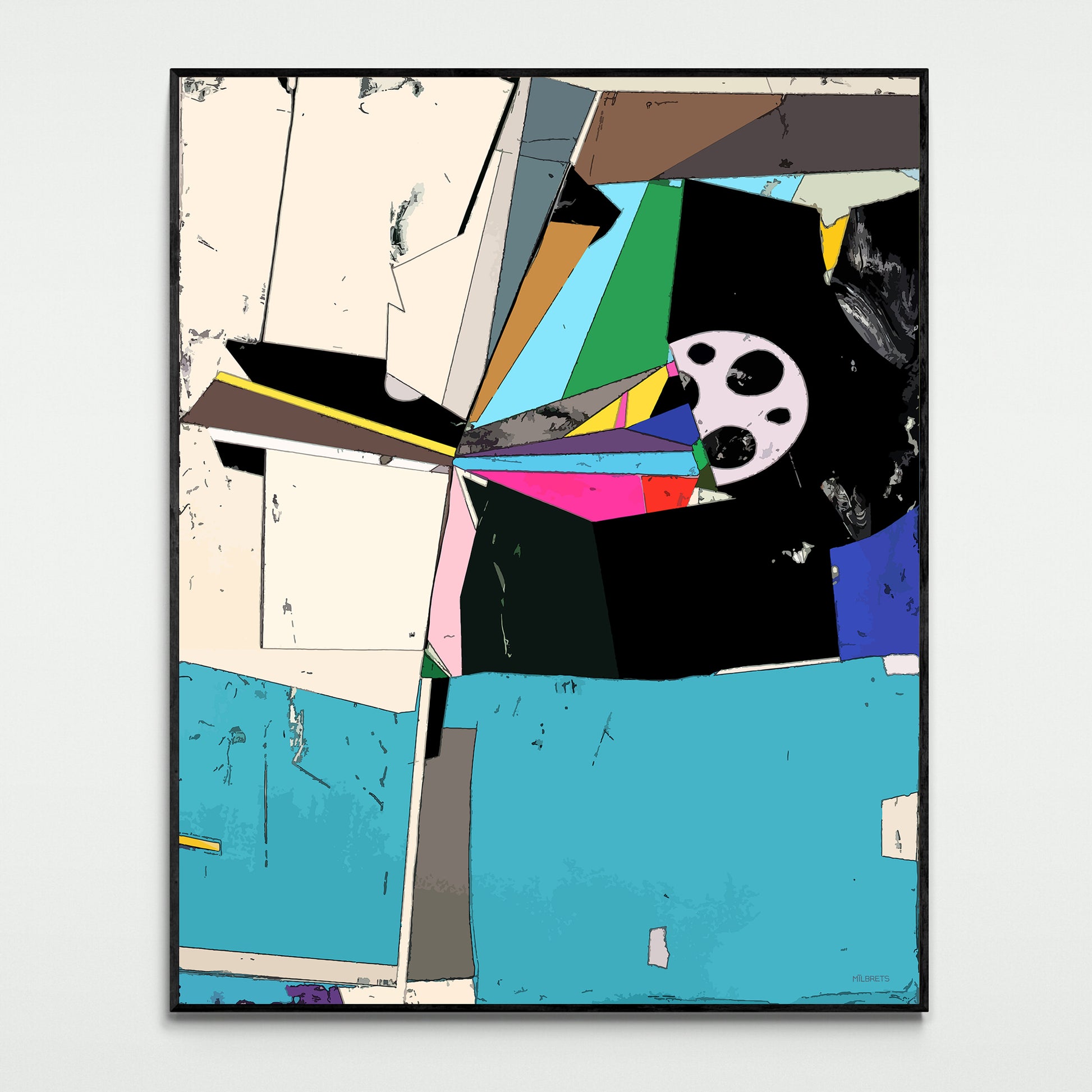Pink and blue geometric abstract canvas print featuring architectural shapes and vibrant colors