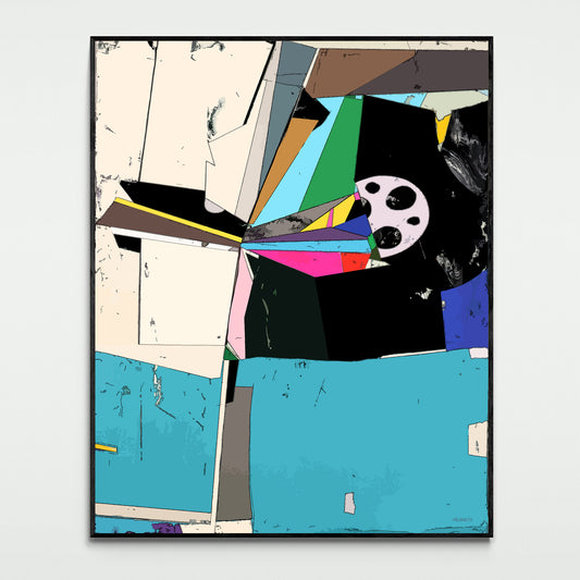 Pink and blue geometric abstract canvas print featuring architectural shapes and vibrant colors
