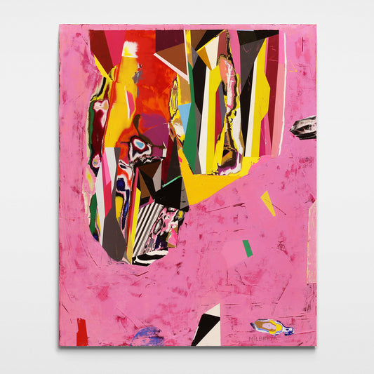 Original multicolor geometric abstract painting with a rich pink background, yellow, magenta, orange, green, and monochrome geometric forms