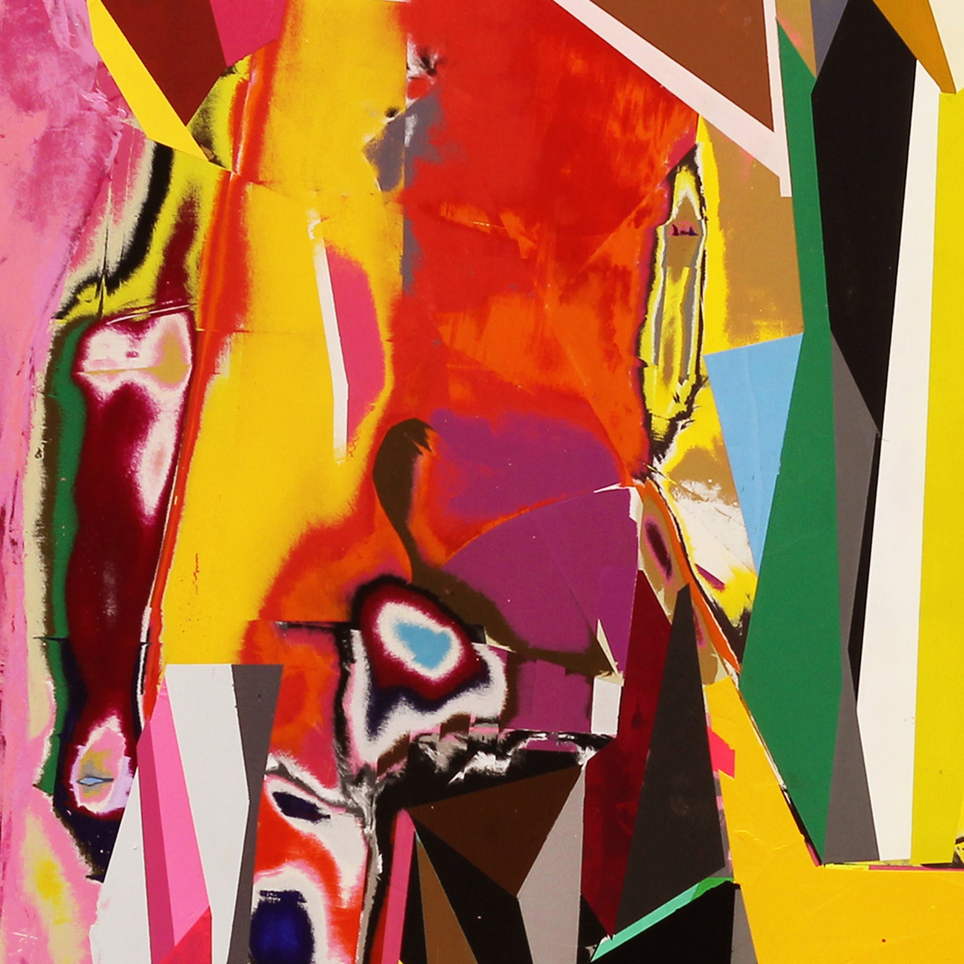 Detail of an abstract artwork with vibrant colors and geometric shapes