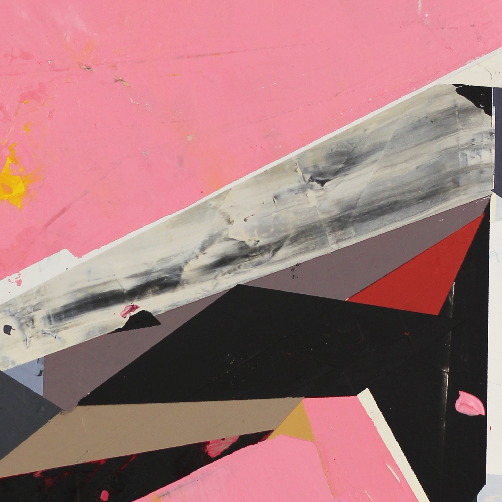 Detail of abstract art piece with geometric shapes and a pink background