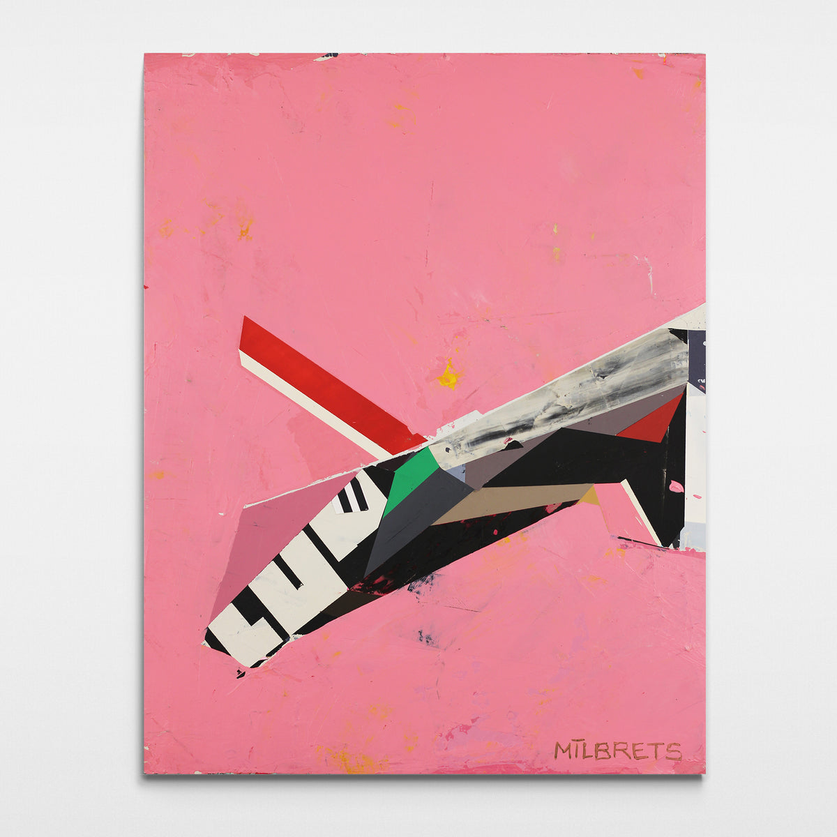 Pink minimalist geometric abstract painting featuring acute angles, diagonal vector shapes, red accents, and spatial distance.