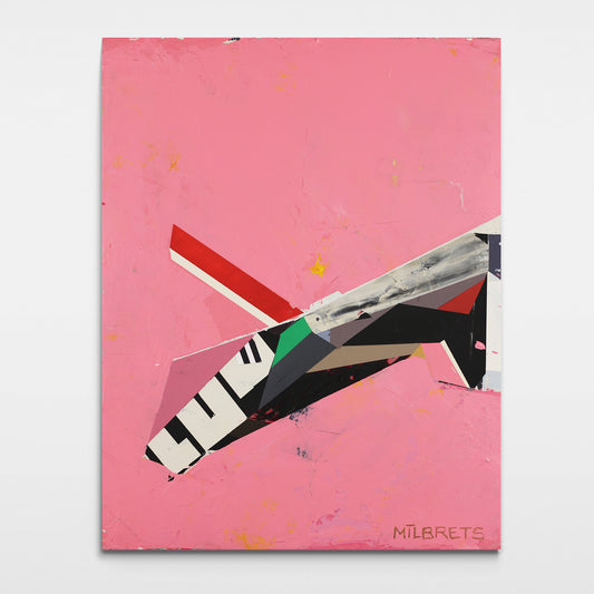 Pink minimalist geometric abstract painting featuring acute angles, diagonal vector shapes, red accents, and spatial distance.