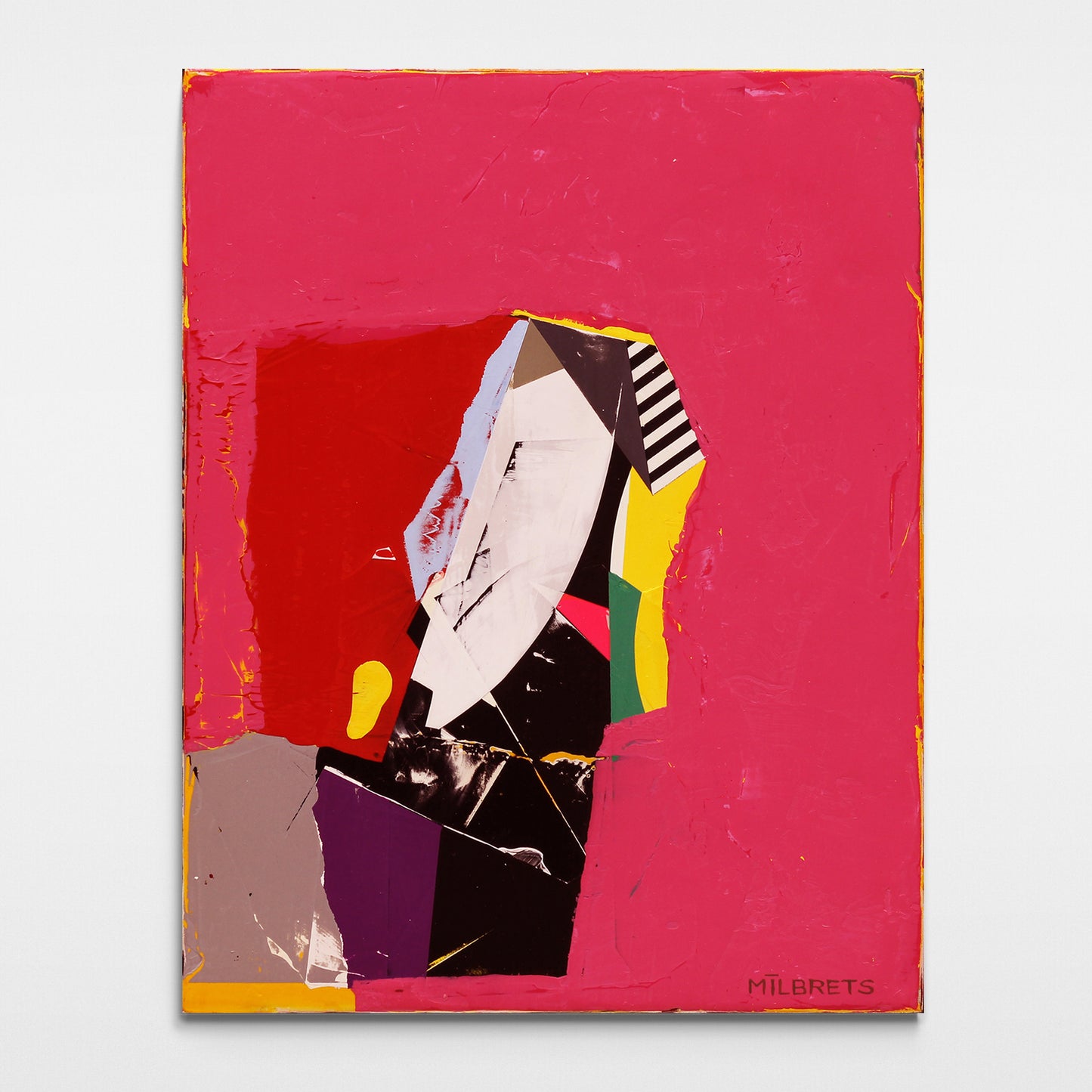 Original multicolor geometric abstract painting with bold red and yellow forms, vibrant pink background, monochrome stripes, and layered geometric lines