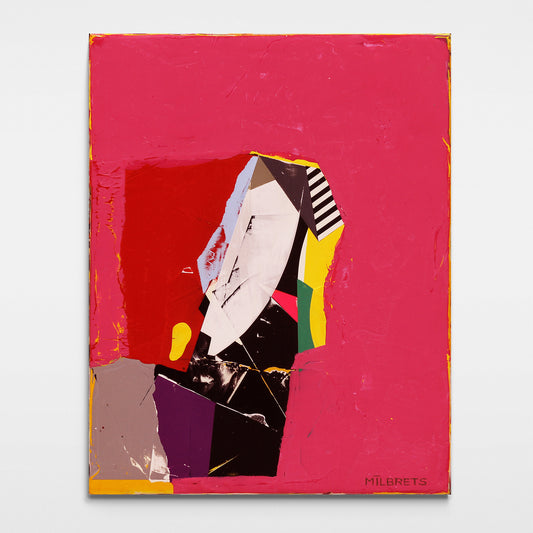 Original multicolor geometric abstract painting with bold red and yellow forms, vibrant pink background, monochrome stripes, and layered geometric lines