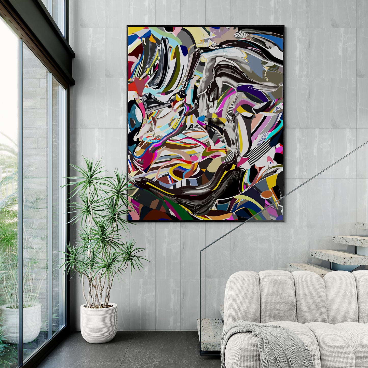 Abstract artwork on a wall in a modern living room