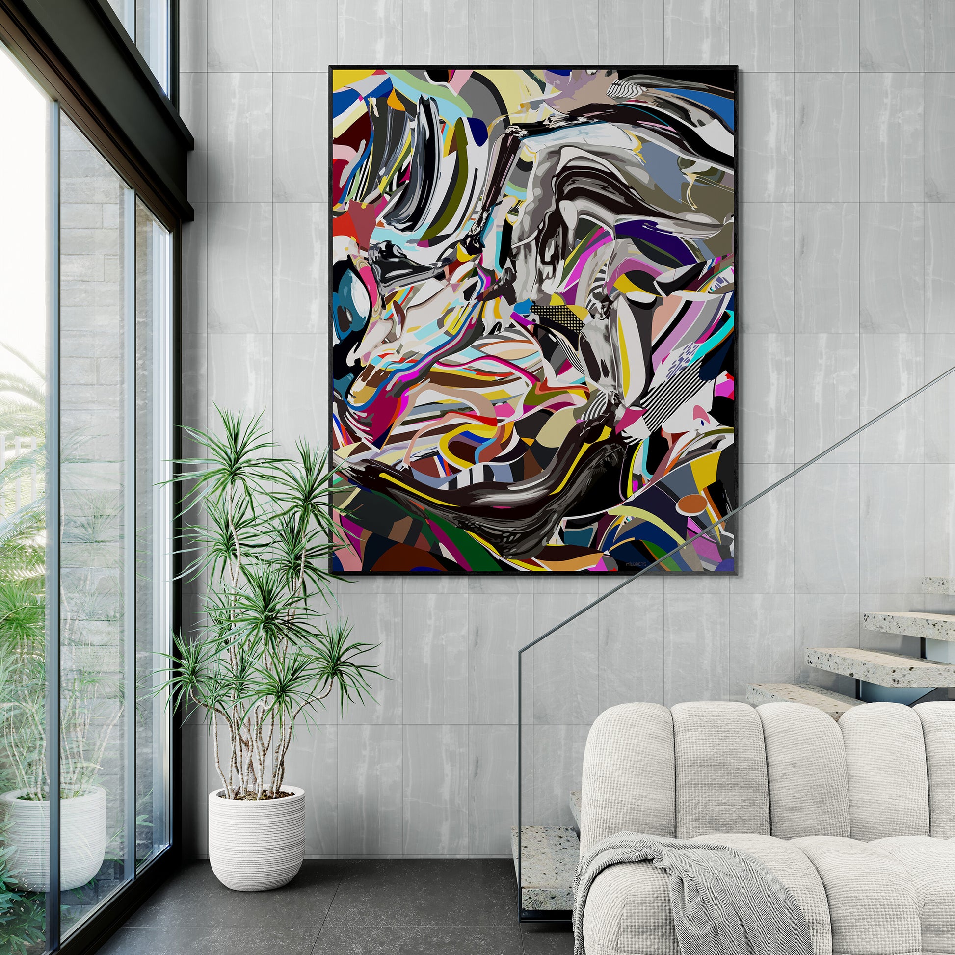 Abstract artwork on a wall in a modern living room