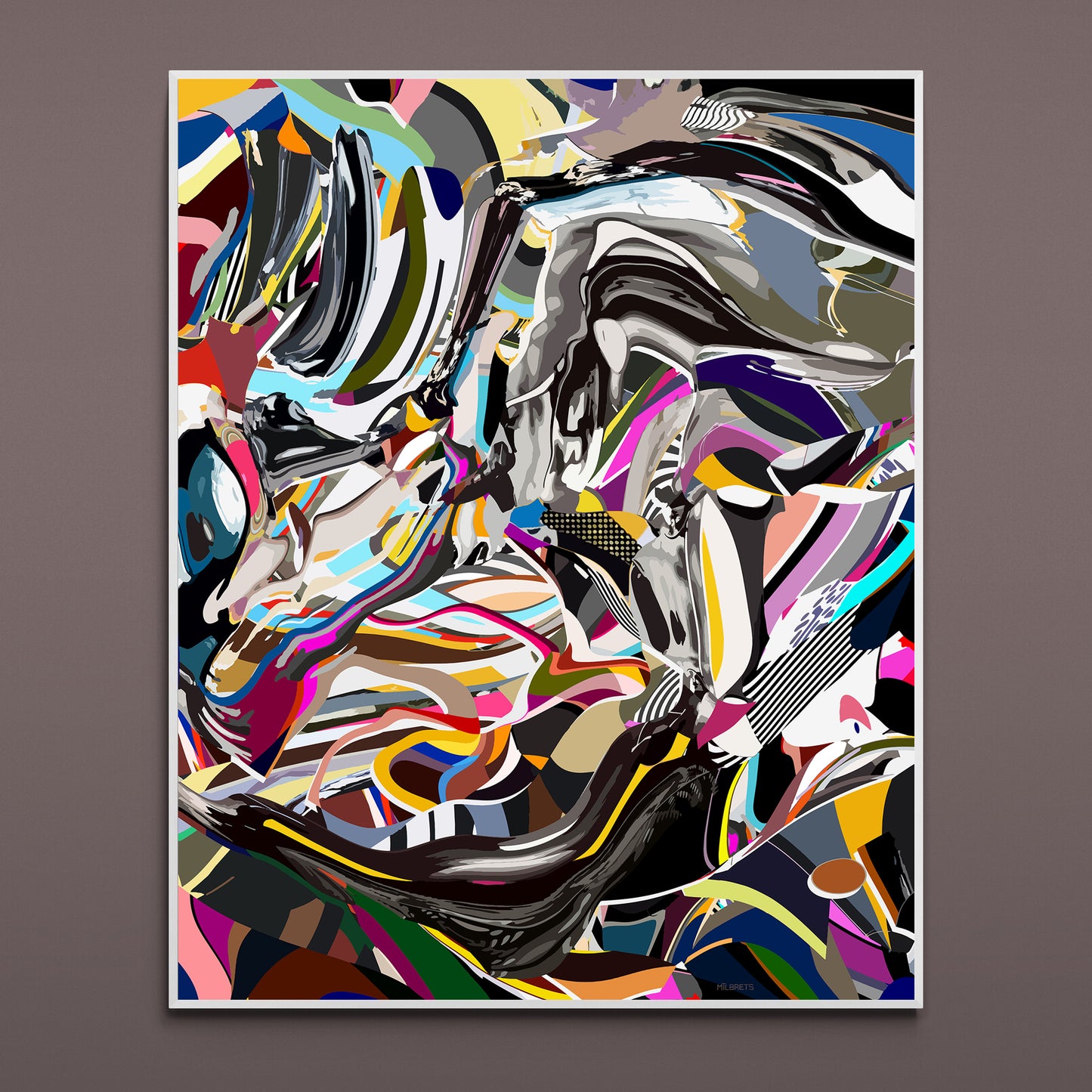 Abstract artwork with multicolored tones on a gray background