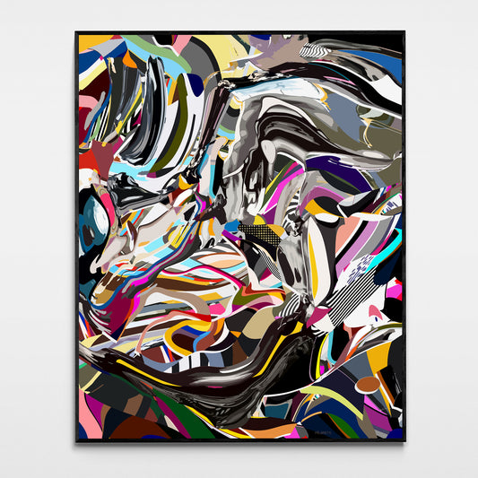 Modern abstract geometric canvas print with fluid lines and monochrome contrasts for contemporary living room wall decor.
