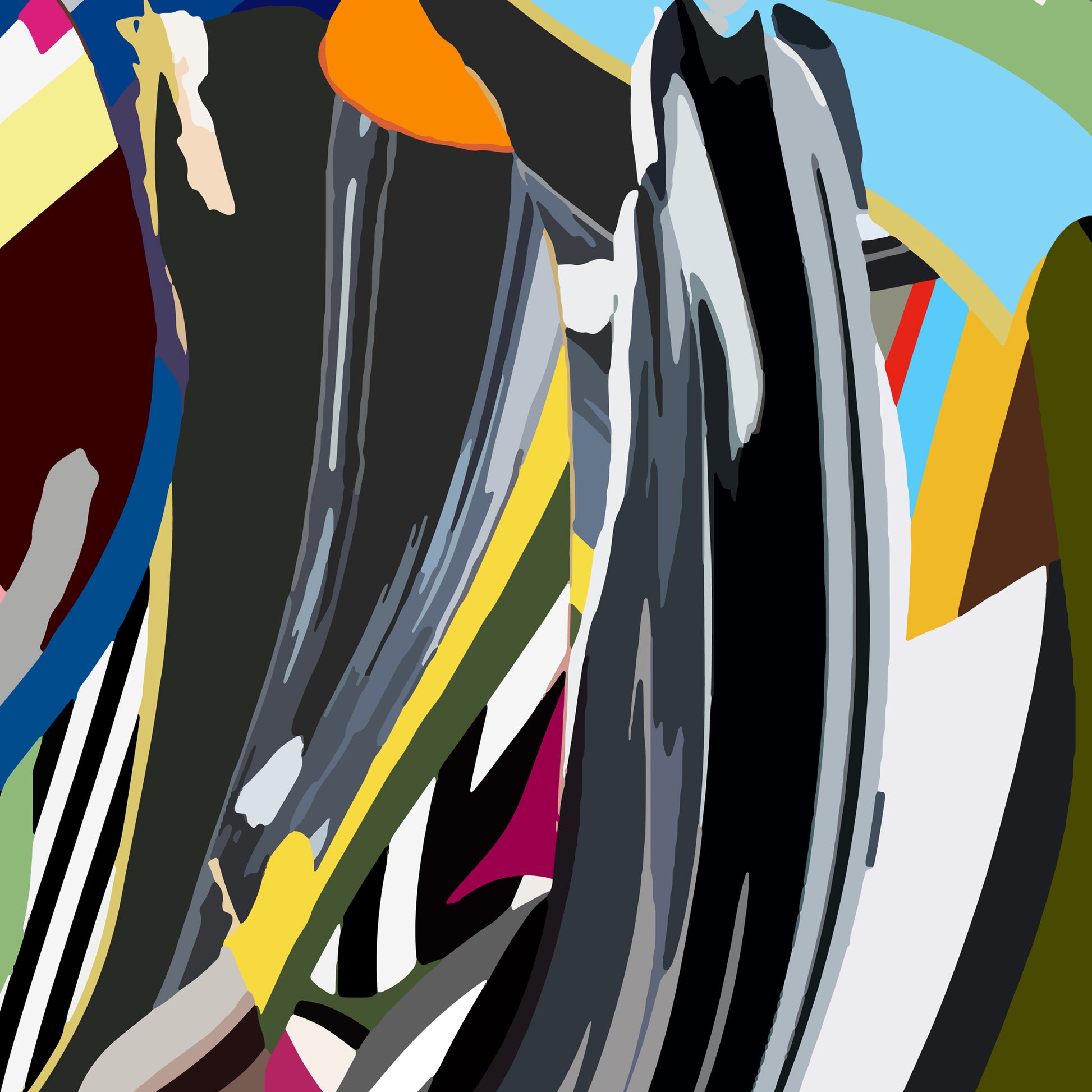 Abstract artwork with black, white, and multicolored shapes