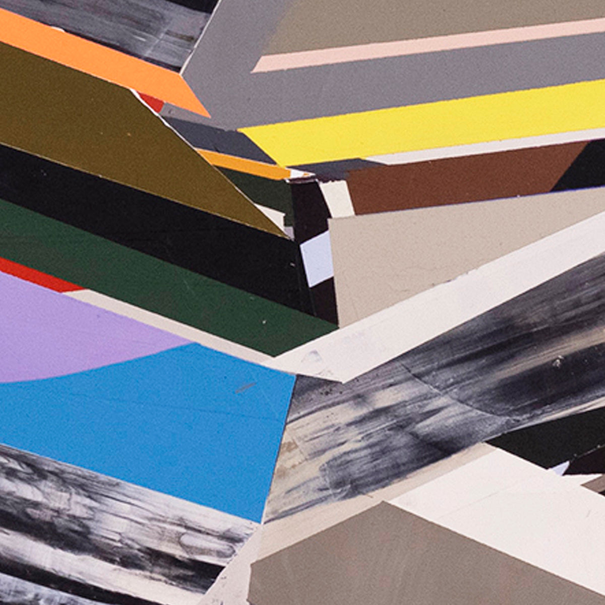 Detail of abstract art piece with geometric shapes and various colors