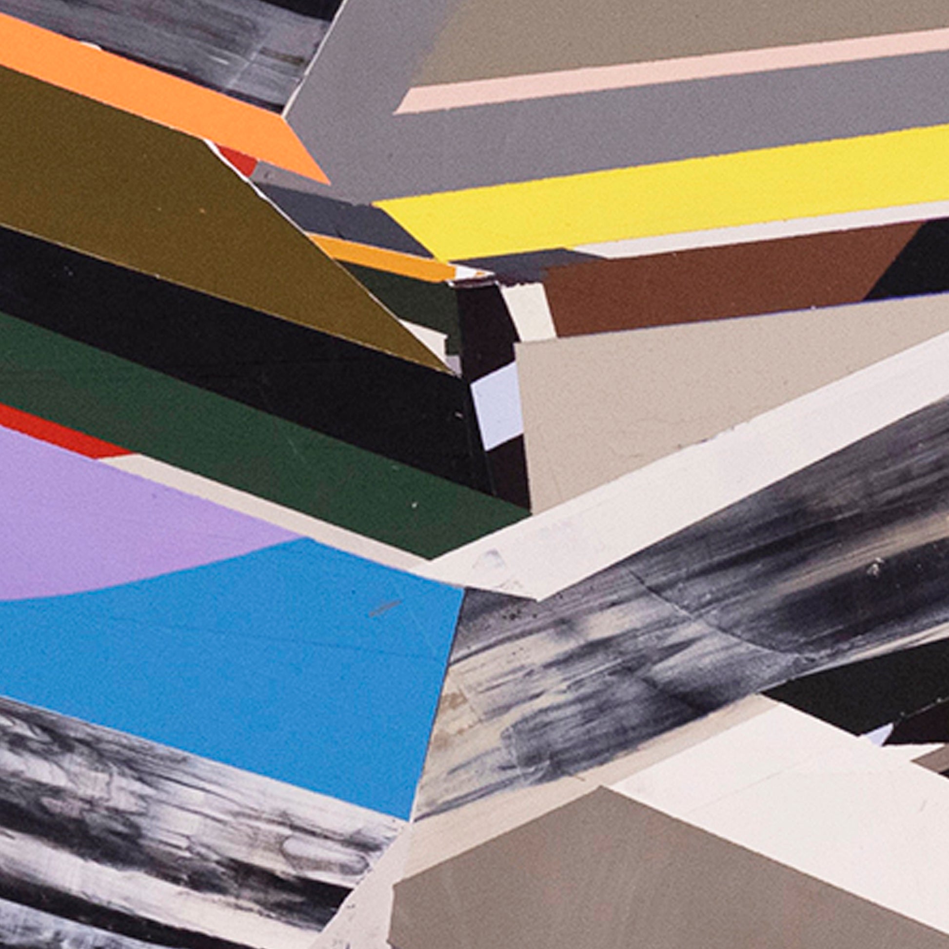 Detail of abstract art piece with geometric shapes and various colors