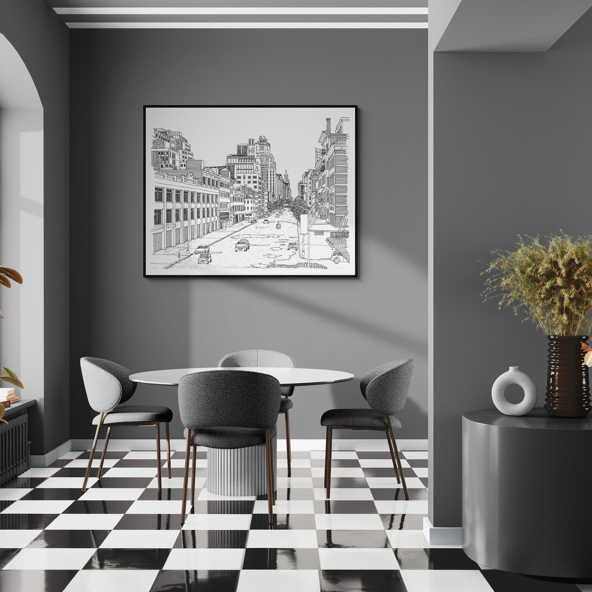 Modern dining room with black and white checkered floor, round table, and cityscape artwork on the wall.