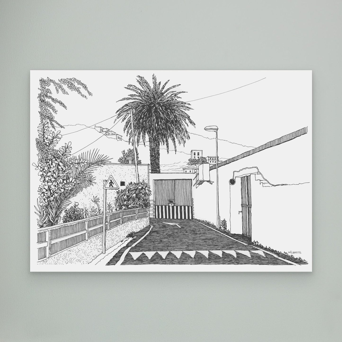 Minimalist tropical street scene line drawing canvas print