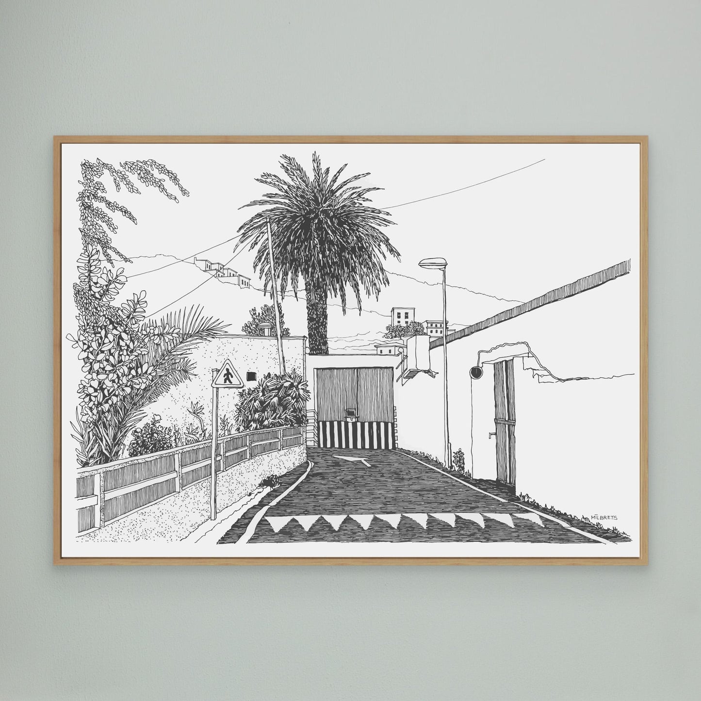Minimalist tropical street scene line drawing canvas print