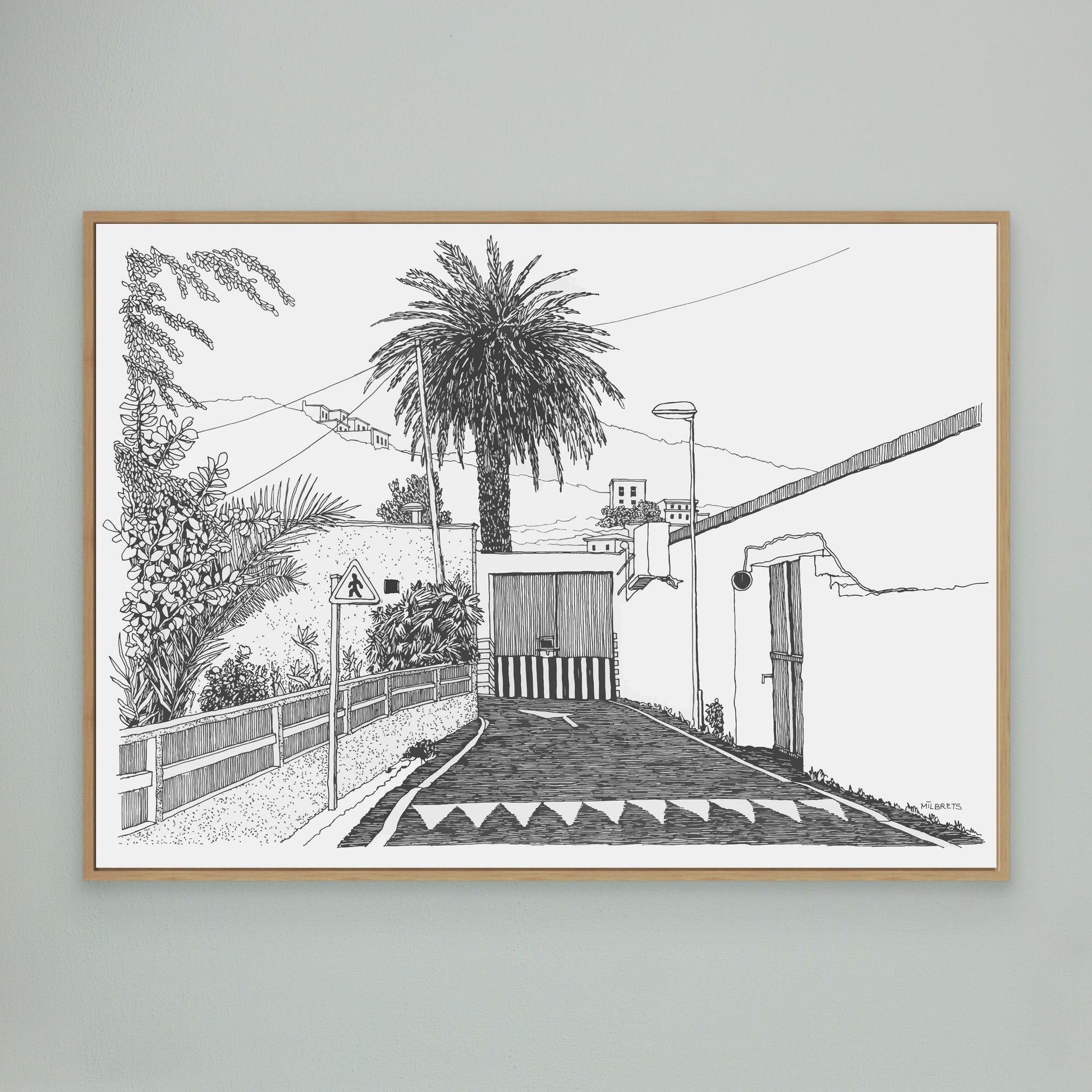 Minimalist tropical street scene line drawing canvas print