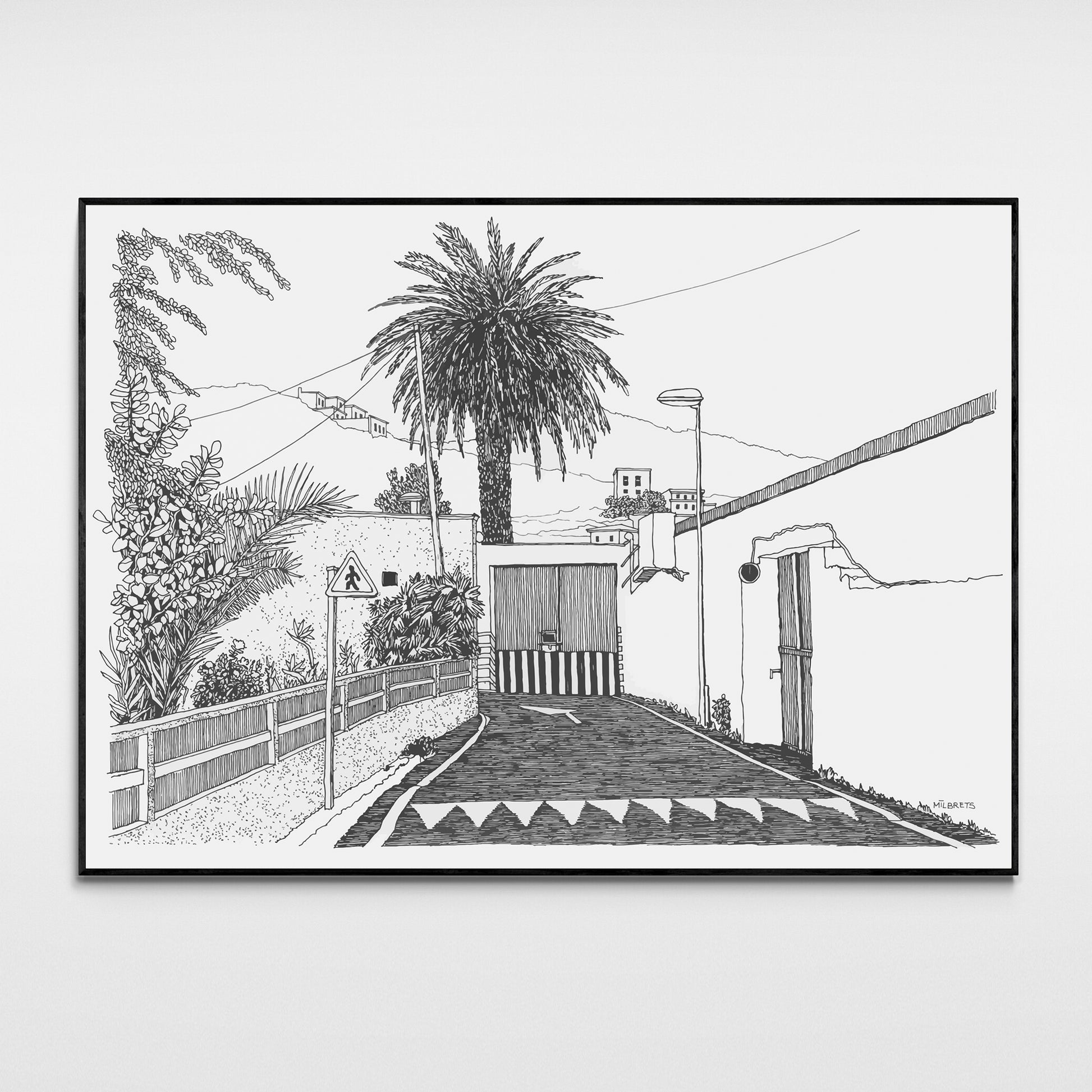 Tropical street monochrome line drawing digital artwork printed on a premium canvas