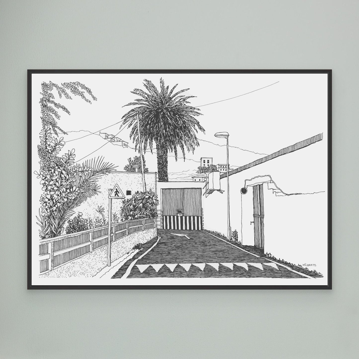 Minimalist tropical street scene line drawing canvas print