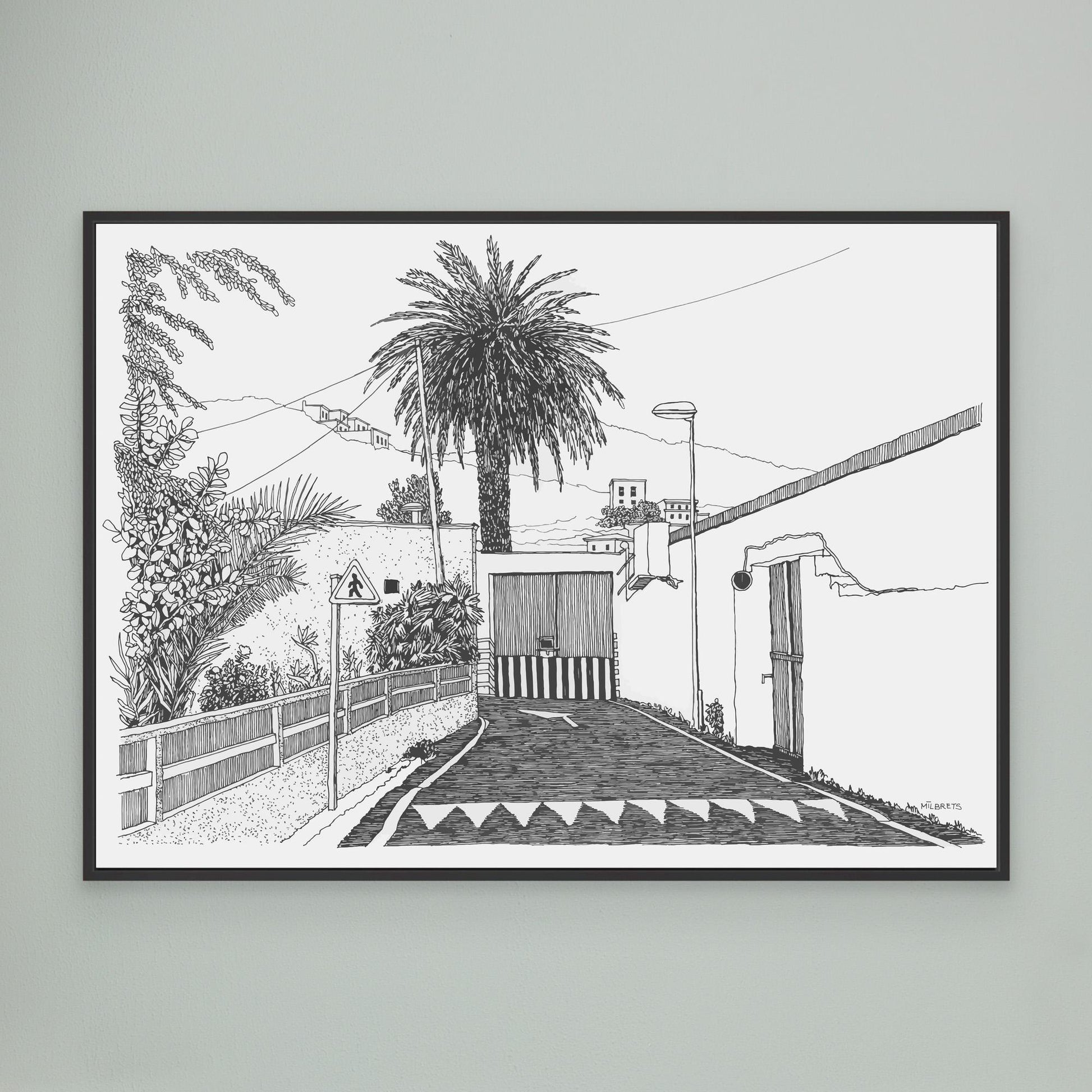 Minimalist tropical street scene line drawing canvas print