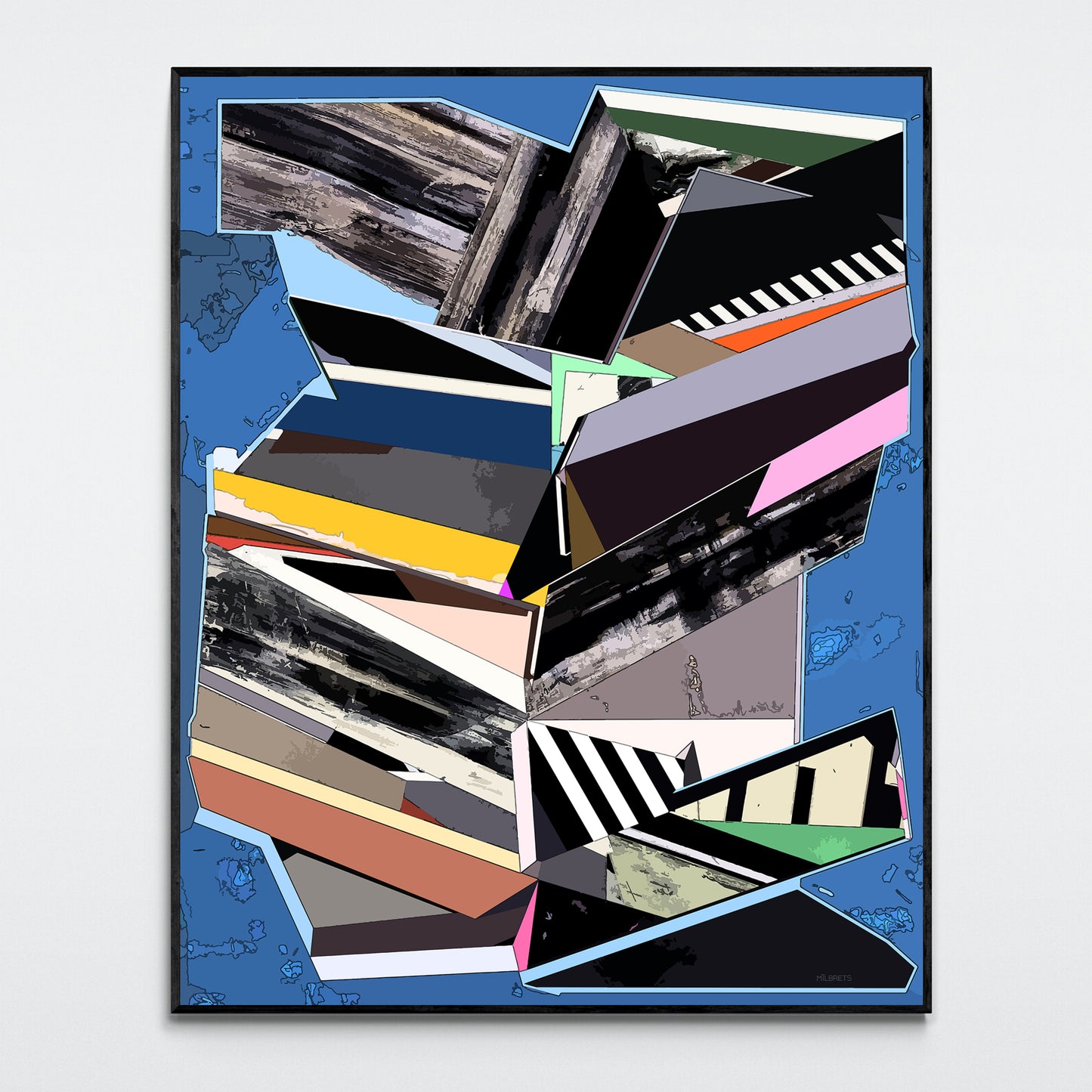 Modern geometric abstract canvas print featuring black and white lines, concrete texture, and neon pink accents on a blue background.