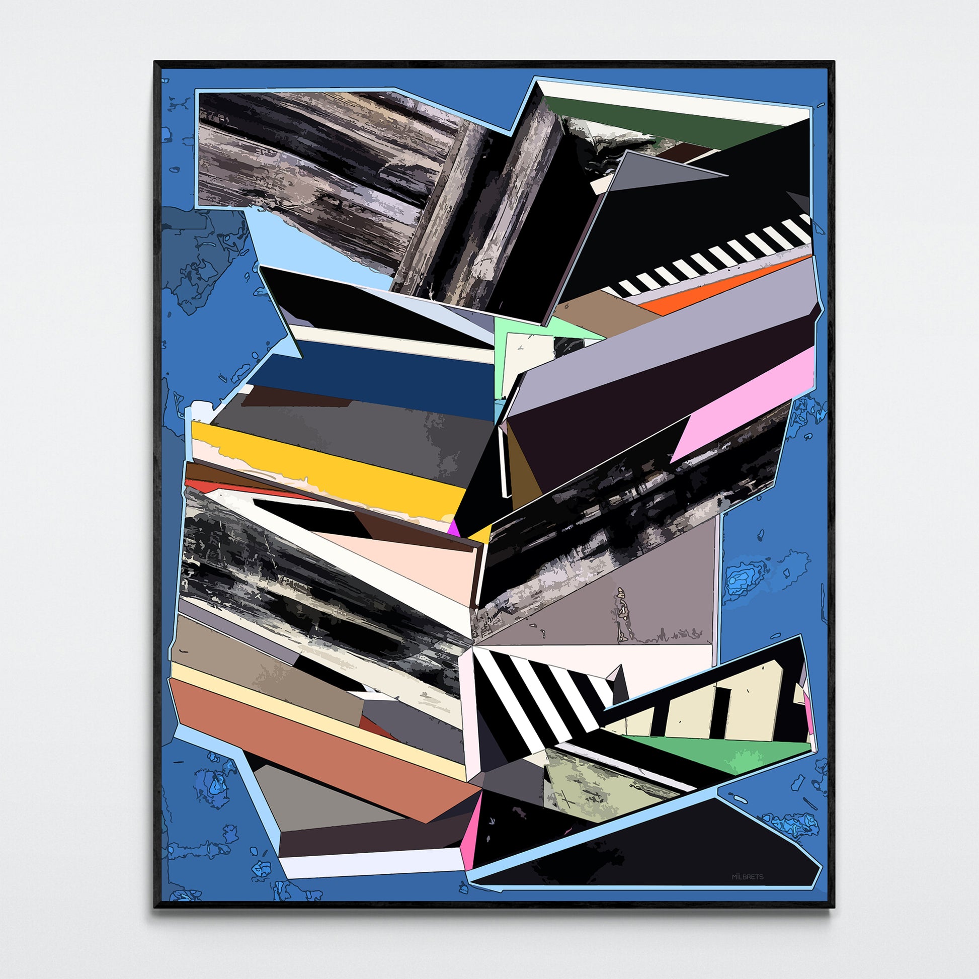 Modern geometric abstract canvas print featuring black and white lines, concrete texture, and neon pink accents on a blue background.