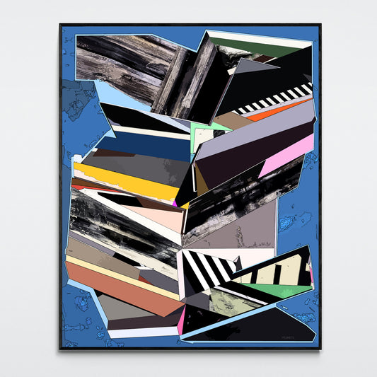 Modern geometric abstract canvas print featuring black and white lines, concrete texture, and neon pink accents on a blue background.