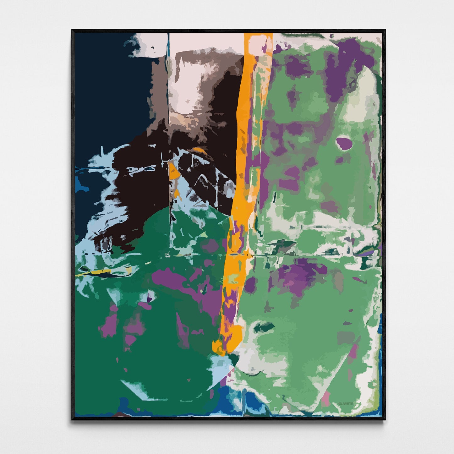 Abstract vertical canvas print with forest green and violet textured layers and a vibrant orange stripe