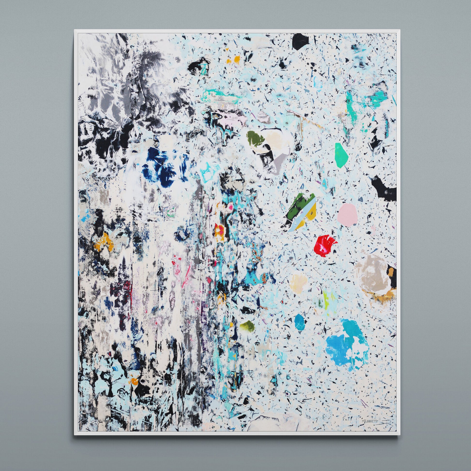 Abstract painting with splashes of color on a gray background