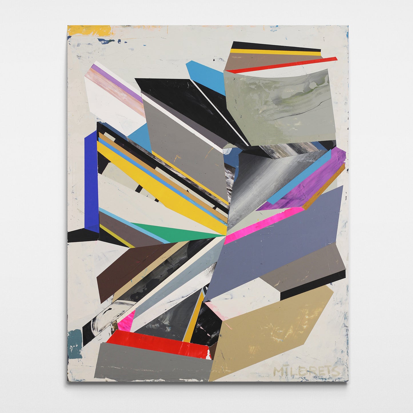 White geometric abstract painting featuring converging diagonal vector planes, slate grays, and magenta accents by artist Milbrets
